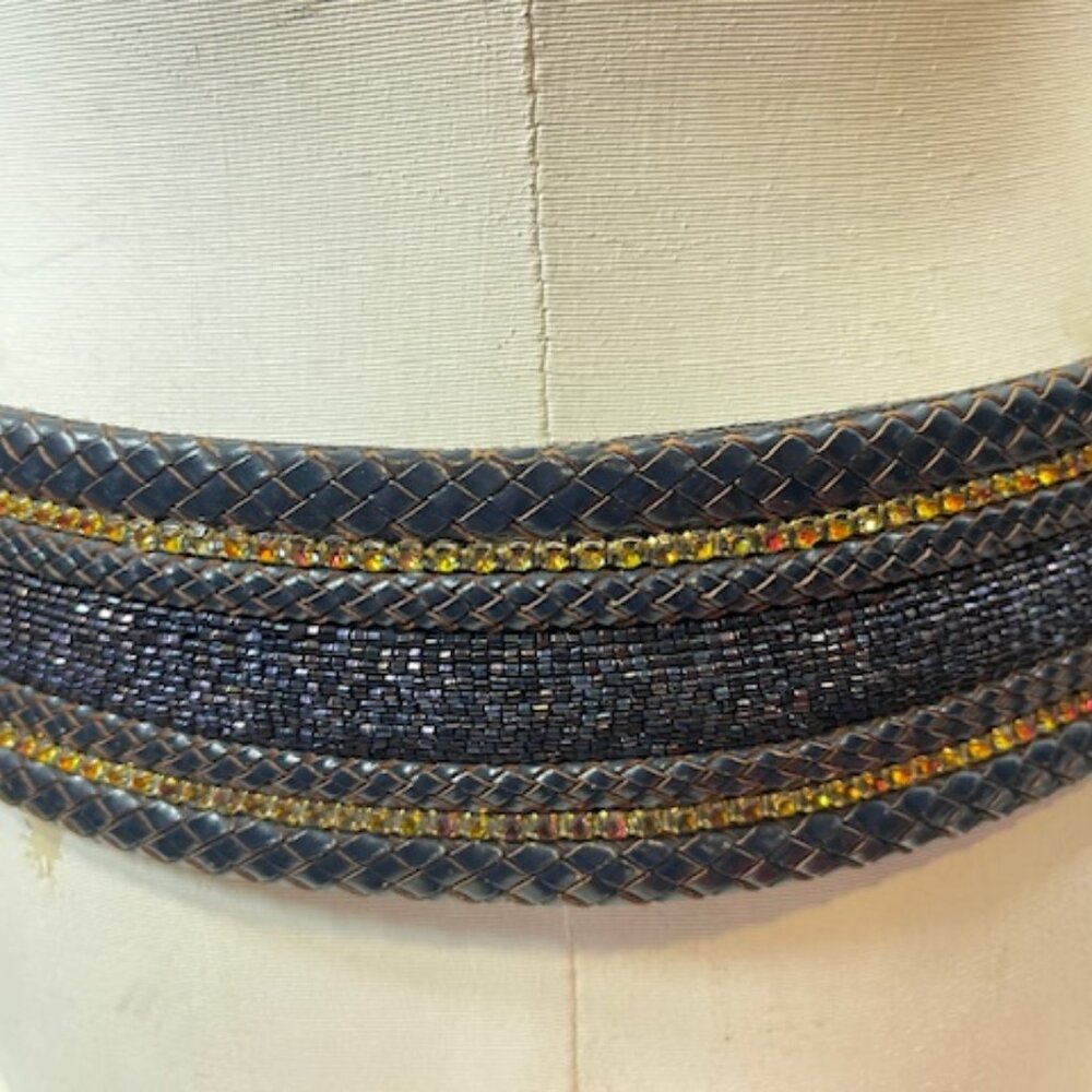 Barrera Beaded Rhinestones Wide Braided Leather BOHO Waist Belt Navy 30" - Picture 5 of 15